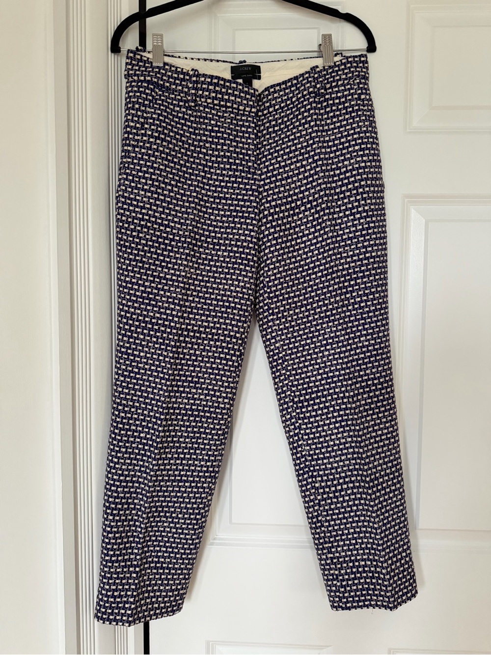 J. Crew Vintage Silk & Cotton Navy and White, Black and Gold woven Slim Trousers